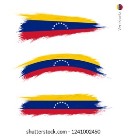 Set of 3 grunge textured flag of Venezuela, three versions of national country flag in brush strokes painted style. Vector flags.