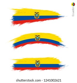 Set of 3 grunge textured flag of Ecuador, three versions of national country flag in brush strokes painted style. Vector flags.