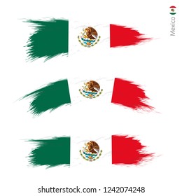 Set of 3 grunge textured flag of Mexico, three versions of national country flag in brush strokes painted style. Vector flags.