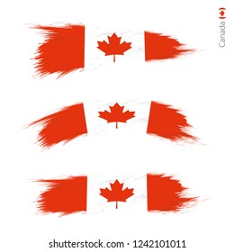 Set of 3 grunge textured flag of Canada, three versions of national country flag in brush strokes painted style. Vector flags.