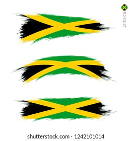 Set of 3 grunge textured flag of Jamaica, three versions of national country flag in brush strokes painted style. Vector flags.