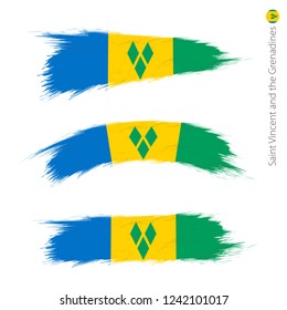 Set of 3 grunge textured flag of Saint Vincent and the Grenadines, three versions of national country flag in brush strokes painted style. Vector flags.
