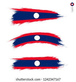 Set of 3 grunge textured flag of Laos, three versions of national country flag in brush strokes painted style. Vector flags.