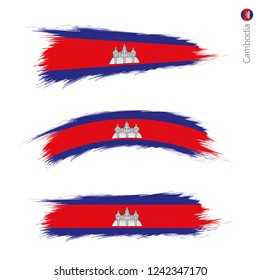 Set of 3 grunge textured flag of Cambodia, three versions of national country flag in brush strokes painted style. Vector flags.