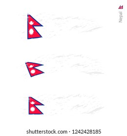 Set of 3 grunge textured flag of Nepal, three versions of national country flag in brush strokes painted style. Vector flags.