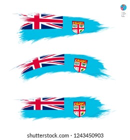 Set of 3 grunge textured flag of Fiji, three versions of national country flag in brush strokes painted style. Vector flags.