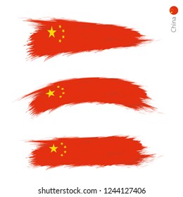 Set of 3 grunge textured flag of China, three versions of national country flag in brush strokes painted style. Vector flags.