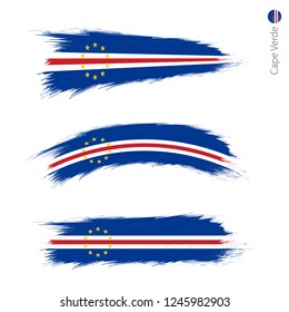 Set of 3 grunge textured flag of Cape Verde, three versions of national country flag in brush strokes painted style. Vector flags.