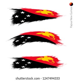 Set of 3 grunge textured flag of Papua New Guinea, three versions of national country flag in brush strokes painted style. Vector flags.