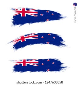 Set of 3 grunge textured flag of New Zealand, three versions of national country flag in brush strokes painted style. Vector flags.