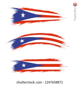 Set of 3 grunge textured flag of Puerto Rico, three versions of national country flag in brush strokes painted style. Vector flags.