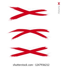 Set of 3 grunge textured flag of US State Alabama, three versions of state flag in brush strokes painted style. Vector flags.