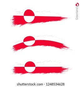 Set of 3 grunge textured flag of Greenland, three versions of national country flag in brush strokes painted style. Vector flags.