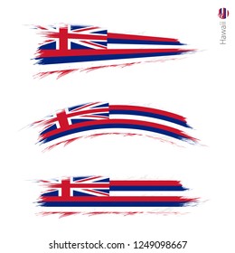 Set of 3 grunge textured flag of US State Hawaii, three versions of state flag in brush strokes painted style. Vector flags.