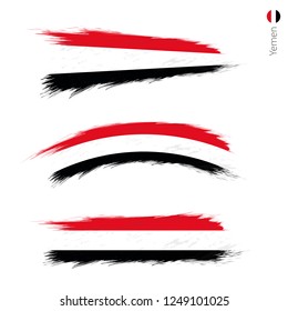 Set of 3 grunge textured flag of Yemen, three versions of national country flag in brush strokes painted style. Vector flags.