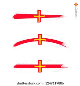Set of 3 grunge textured flag of Guernsey, three versions of national country flag in brush strokes painted style. Vector flags.