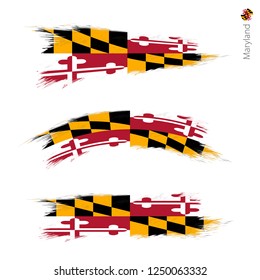 Set of 3 grunge textured flag of US State Maryland, three versions of state flag in brush strokes painted style. Vector flags.