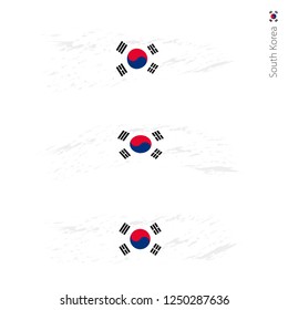 Set of 3 grunge textured flag of South Korea, three versions of national country flag in brush strokes painted style. Vector flags.