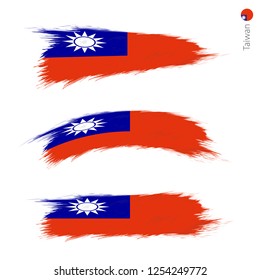 Set of 3 grunge textured flag of Taiwan, three versions of national country flag in brush strokes painted style. Vector flags.