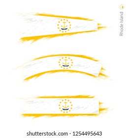 Set of 3 grunge textured flag of US State Rhode Island, three versions of state flag in brush strokes painted style. Vector flags.