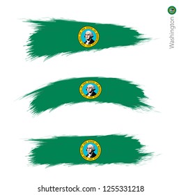 Set of 3 grunge textured flag of US State Washington, three versions of state flag in brush strokes painted style. Vector flags.