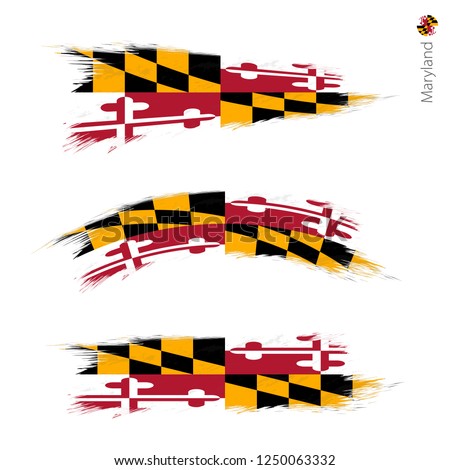 Set of 3 grunge textured flag of US State Maryland, three versions of state flag in brush strokes painted style. Vector flags.