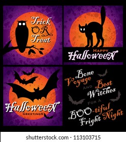 set of 3 grungy halloween designs and greetings with bats, night owl, cat and full moon, vector (eps8)