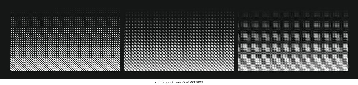 Set of 3 halftone noise textures: black and white dotted gradient for grunge pop art and comic