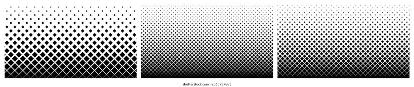 Set of 3 halftone noise textures: black and white dotted gradient for grunge pop art and comic