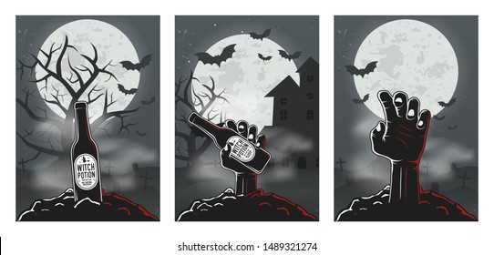 Set of 3 Halloween backgrounds. Halloween party invitations templates. Bottle of beer, zombie hand. Vector illustration
