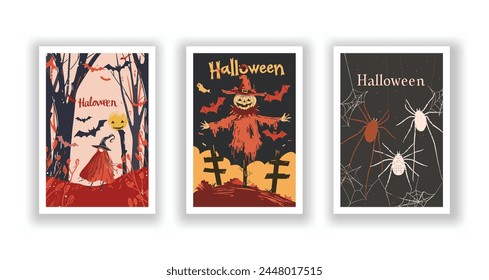 Set of 3 Halloween Card, Poster, hand drawn cute flyer. Postcard with letter "Halloween". Bats, Pumpkins, Zombies, Scarecrows, Witches. Background. Vector illustration