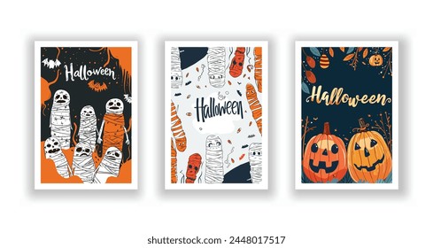 Set of 3 Halloween Card, Poster, hand drawn cute flyer. Postcard with letter "Halloween". Bats, Pumpkins, Zombies, Scarecrows, Witches. Background. Vector illustration