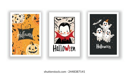 Set of 3 Halloween Card, Poster, hand drawn cute flyer. Postcard with letter "Halloween". Bats, Pumpkins, Zombies, Scarecrows, Witches... Background. Vector illustration