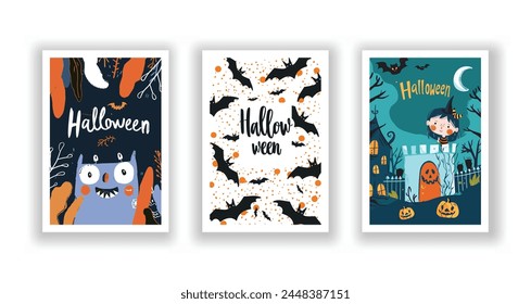 Set of 3 Halloween Card, Poster, hand drawn cute flyer. Postcard with letter "Halloween". Bats, Pumpkins, Zombies, Scarecrows, Witches... Background. Vector illustration