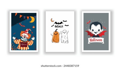 Set of 3 Halloween Card, Poster, hand drawn cute flyer. Postcard with letter "Halloween". Bats, Pumpkins, Zombies, Scarecrows, Witches... Background. Vector illustration