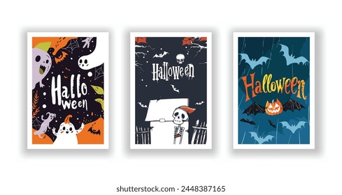 Set of 3 Halloween Card, Poster, hand drawn cute flyer. Postcard with letter "Halloween". Bats, Pumpkins, Zombies, Scarecrows, Witches... Background. Vector illustration