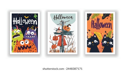 Set of 3 Halloween Card, Poster, hand drawn cute flyer. Postcard with letter "Halloween". Bats, Pumpkins, Zombies, Scarecrows, Witches... Background. Vector illustration