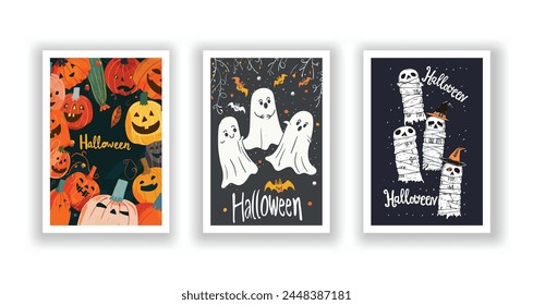 Set de 3 tarjetas de Halloween, póster, volante dibujado a mano. Postal con la letra "Halloween". Murciélagos, Calabazas, Zombis, Espantapájaros, Brujas... Antecedentes. Ilustración vectorial