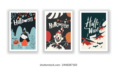 Set of 3 Halloween Card, Poster, hand drawn cute flyer. Postcard with letter "Halloween". Bats, Pumpkins, Zombies, Scarecrows, Witches... Background. Vector illustration