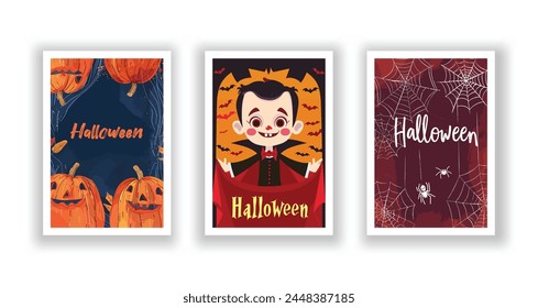 Set of 3 Halloween Card, Poster, hand drawn cute flyer. Postcard with letter "Halloween". Bats, Pumpkins, Zombies, Scarecrows, Witches... Background. Vector illustration