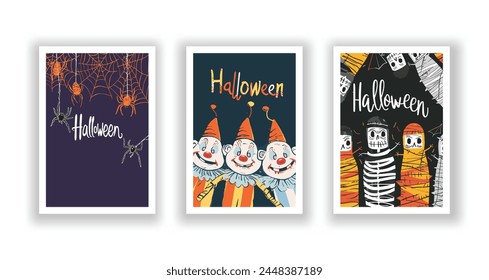 Set of 3 Halloween Card, Poster, hand drawn cute flyer. Postcard with letter "Halloween". Bats, Pumpkins, Zombies, Scarecrows, Witches... Background. Vector illustration