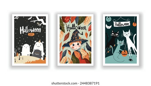 Set of 3 Halloween Card, Poster, hand drawn cute flyer. Postcard with letter "Halloween". Bats, Pumpkins, Zombies, Scarecrows, Witches... Background. Vector illustration