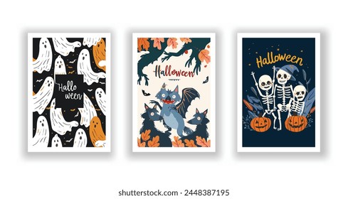 Set of 3 Halloween Card, Poster, hand drawn cute flyer. Postcard with letter "Halloween". Bats, Pumpkins, Zombies, Scarecrows, Witches... Background. Vector illustration