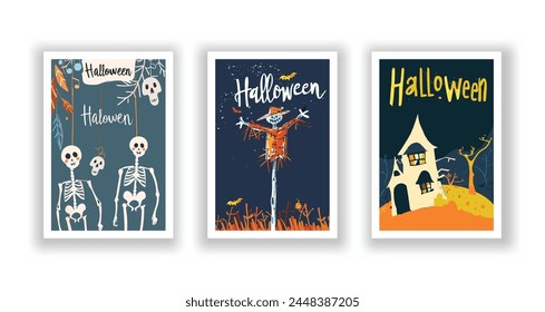 Set of 3 Halloween Card, Poster, hand drawn cute flyer. Postcard with letter "Halloween". Bats, Pumpkins, Zombies, Scarecrows, Witches... Background. Vector illustration