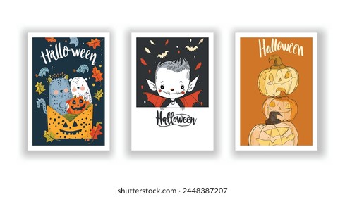 Set of 3 Halloween Card, Poster, hand drawn cute flyer. Postcard with letter "Halloween". Bats, Pumpkins, Zombies, Scarecrows, Witches... Background. Vector illustration