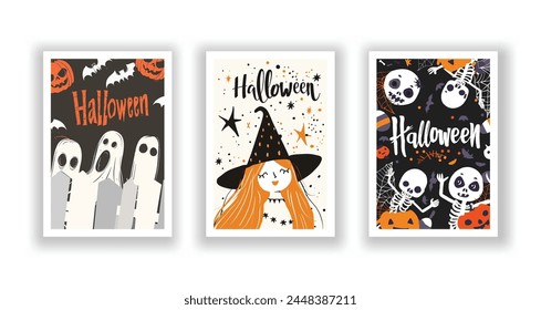 Set de 3 tarjetas de Halloween, póster, volante dibujado a mano. Postal con la letra "Halloween". Murciélagos, Calabazas, Zombis, Espantapájaros, Brujas... Antecedentes. Ilustración vectorial