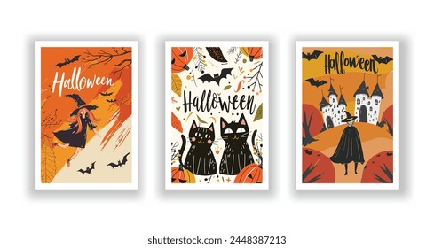 Set of 3 Halloween Card, Poster, hand drawn cute flyer. Postcard with letter "Halloween". Bats, Pumpkins, Zombies, Scarecrows, Witches... Background. Vector illustration