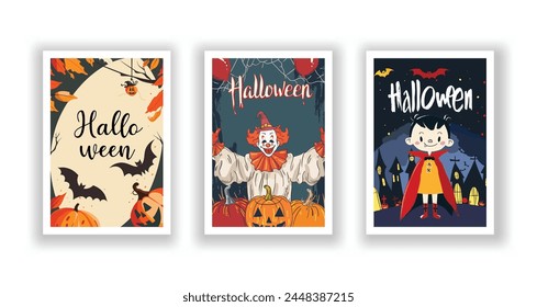 Set of 3 Halloween Card, Poster, hand drawn cute flyer. Postcard with letter "Halloween". Bats, Pumpkins, Zombies, Scarecrows, Witches... Background. Vector illustration