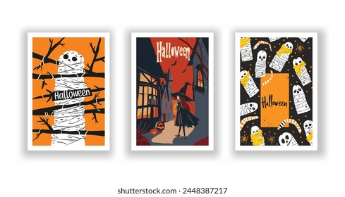 Set of 3 Halloween Card, Poster, hand drawn cute flyer. Postcard with letter "Halloween". Bats, Pumpkins, Zombies, Scarecrows, Witches... Background. Vector illustration