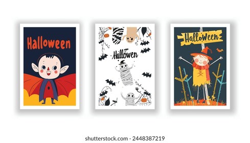 Set of 3 Halloween Card, Poster, hand drawn cute flyer. Postcard with letter "Halloween". Bats, Pumpkins, Zombies, Scarecrows, Witches... Background. Vector illustration